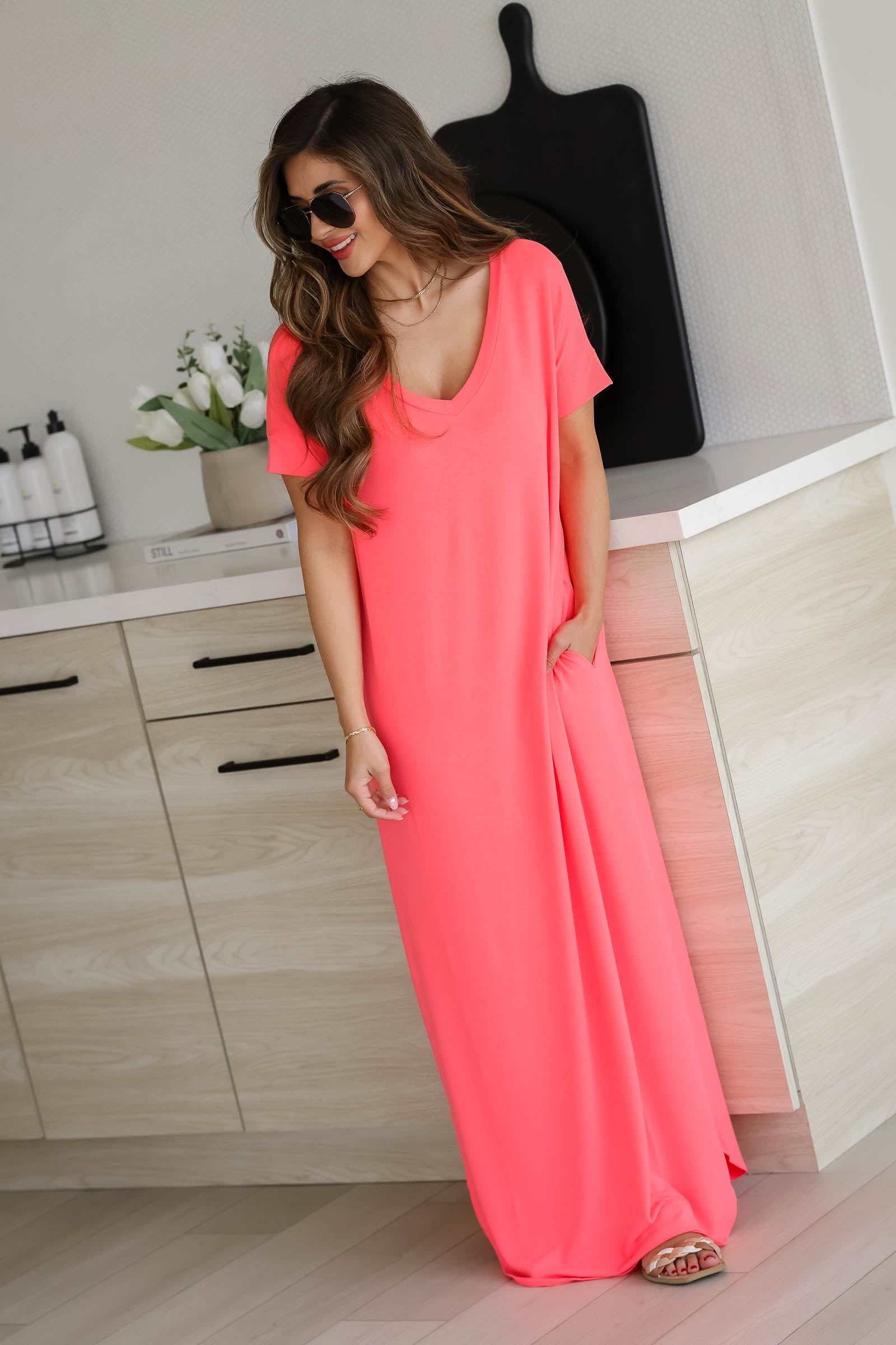 I'll Be By The Pool Maxi Dress - Neon Coral Pink, Closet Candy, 1