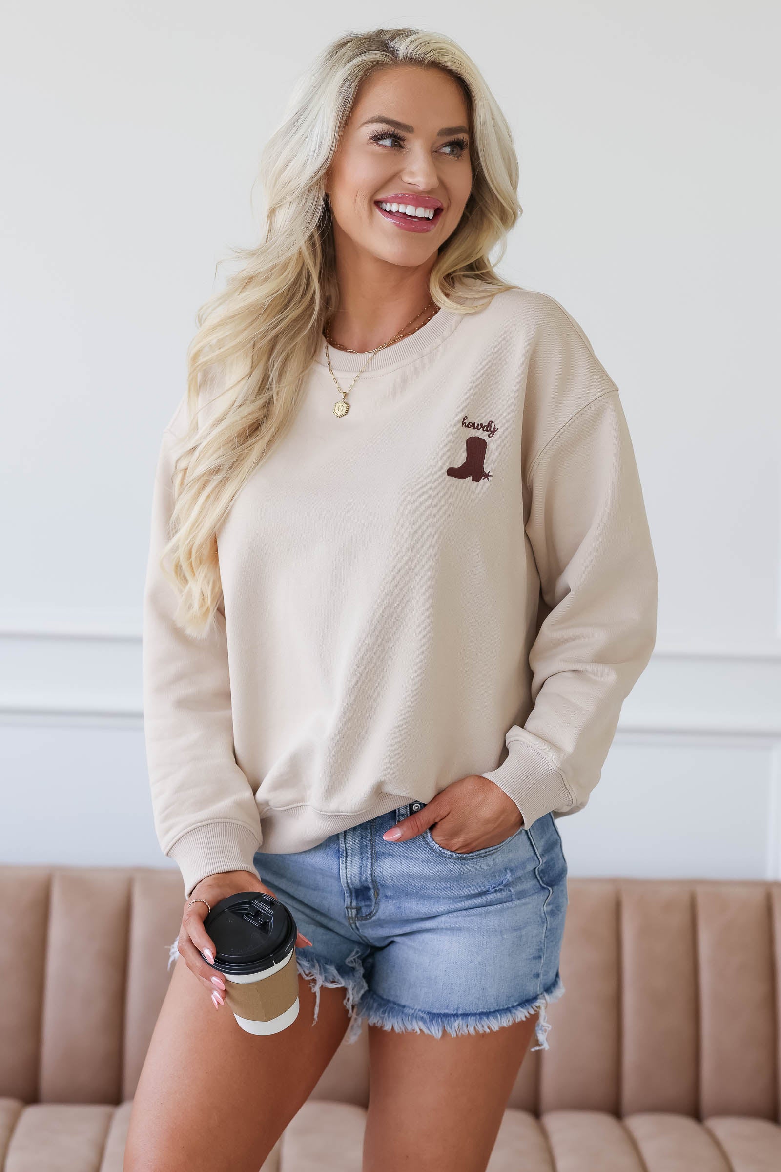 "Howdy" Boot Embroidered Sweatshirt, Closet Candy, 1