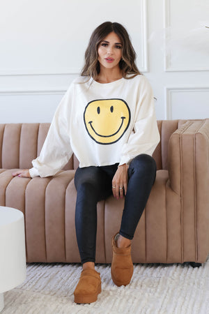 Find Your Reason Smiley Face Bishop Sleeve Graphic Top, Closet Candy, 8