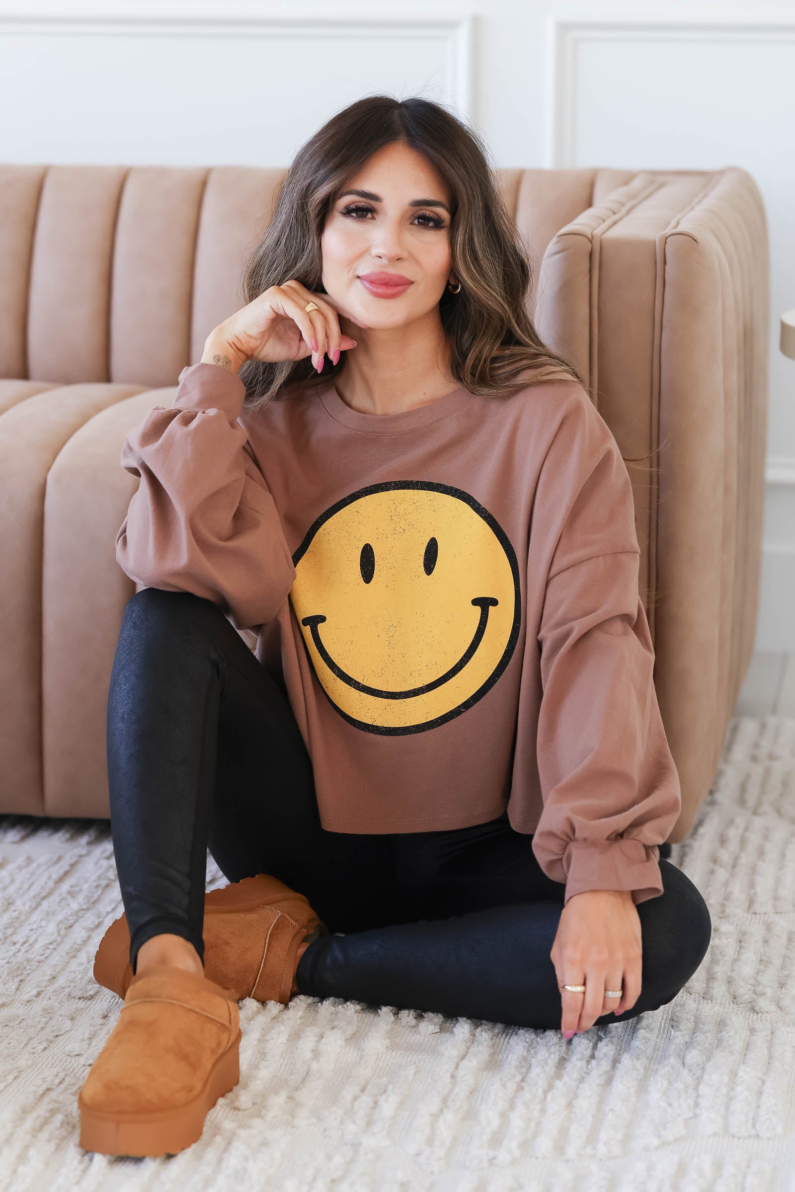 Find Your Reason Smiley Face Bishop Sleeve Graphic Top, Closet Candy, 1