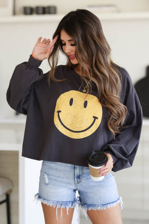 Find Your Reason Smiley Face Bishop Sleeve Graphic Top, Closet Candy, 3