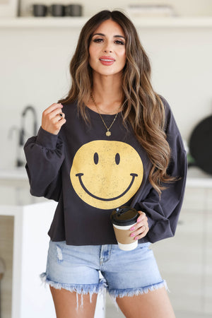 Find Your Reason Smiley Face Bishop Sleeve Graphic Top, Closet Candy, 7
