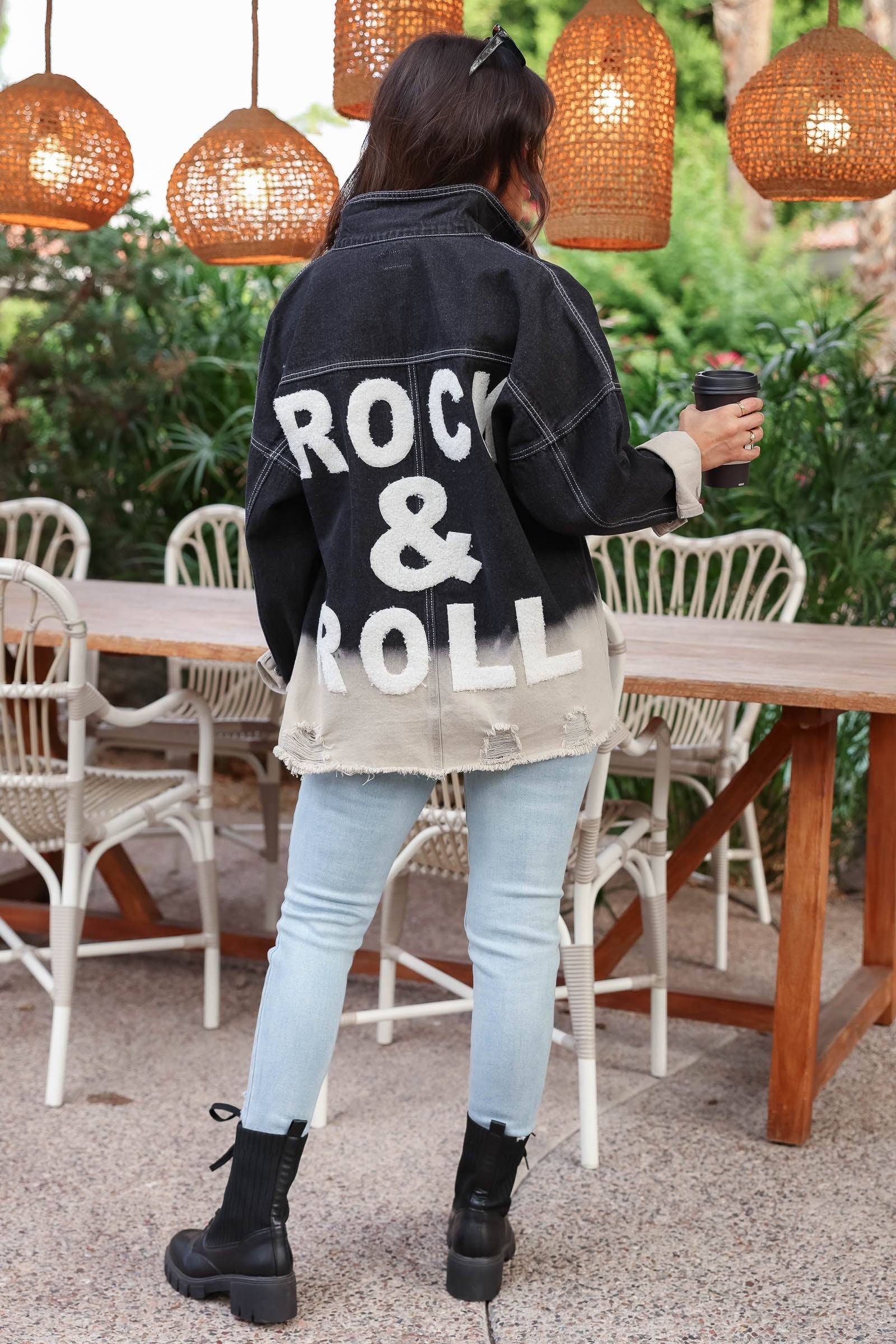 "Rock & Roll" Distressed Denim Jacket - Black, Closet Candy, 1