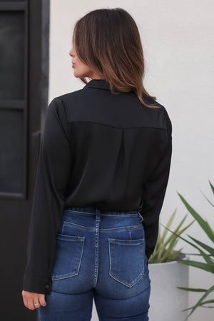Captive Audience Satin Button Down Top - Black closet candy women's trendy long sleeve satin like basic collar single chest pocket button down top back