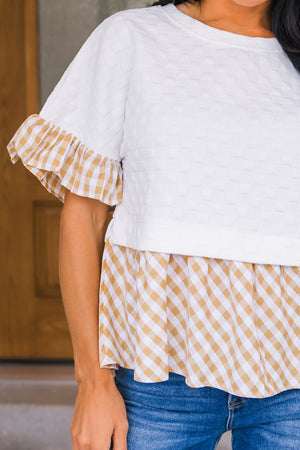 Sweet Gingham Days Top, White/Beige, Closet Candy, 2