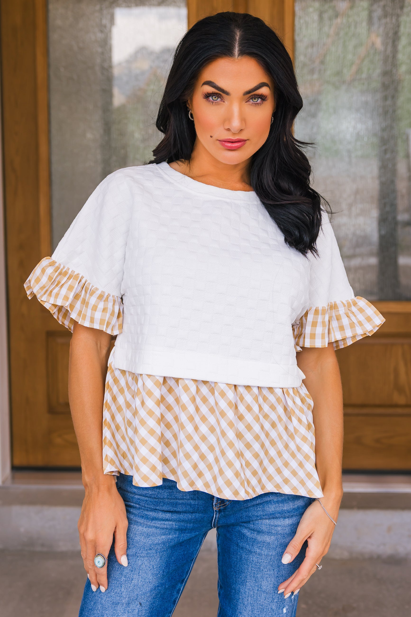 Sweet Gingham Days Top, White/Beige, Closet Candy, 1