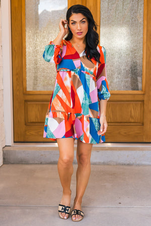 Abstract Tiered Mini Dress, Wine Mix, Closet Candy, 3