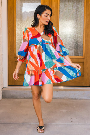 Abstract Tiered Mini Dress, Wine Mix, Closet Candy, 6
