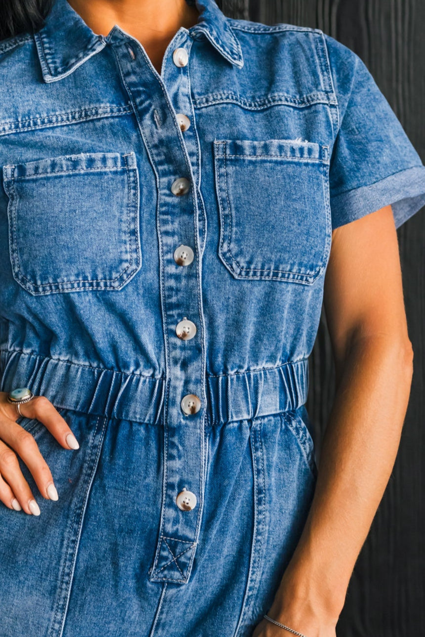 Bluebird Denim Romper, Medium Wash, Closet Candy, 1