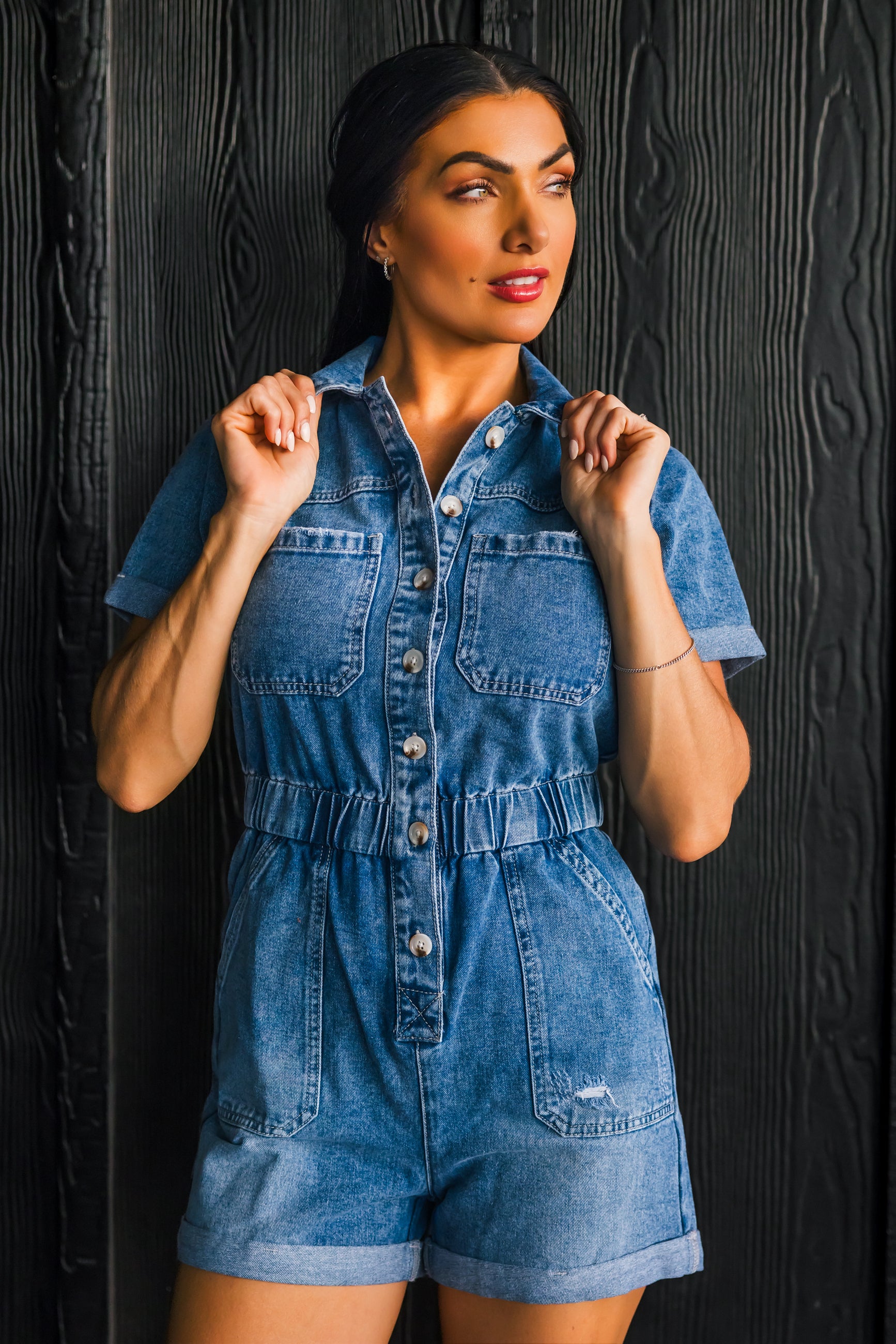 Bluebird Denim Romper, Medium Wash, Closet Candy, 1