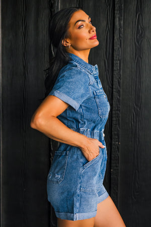 Bluebird Denim Romper, Medium Wash, Closet Candy, 4