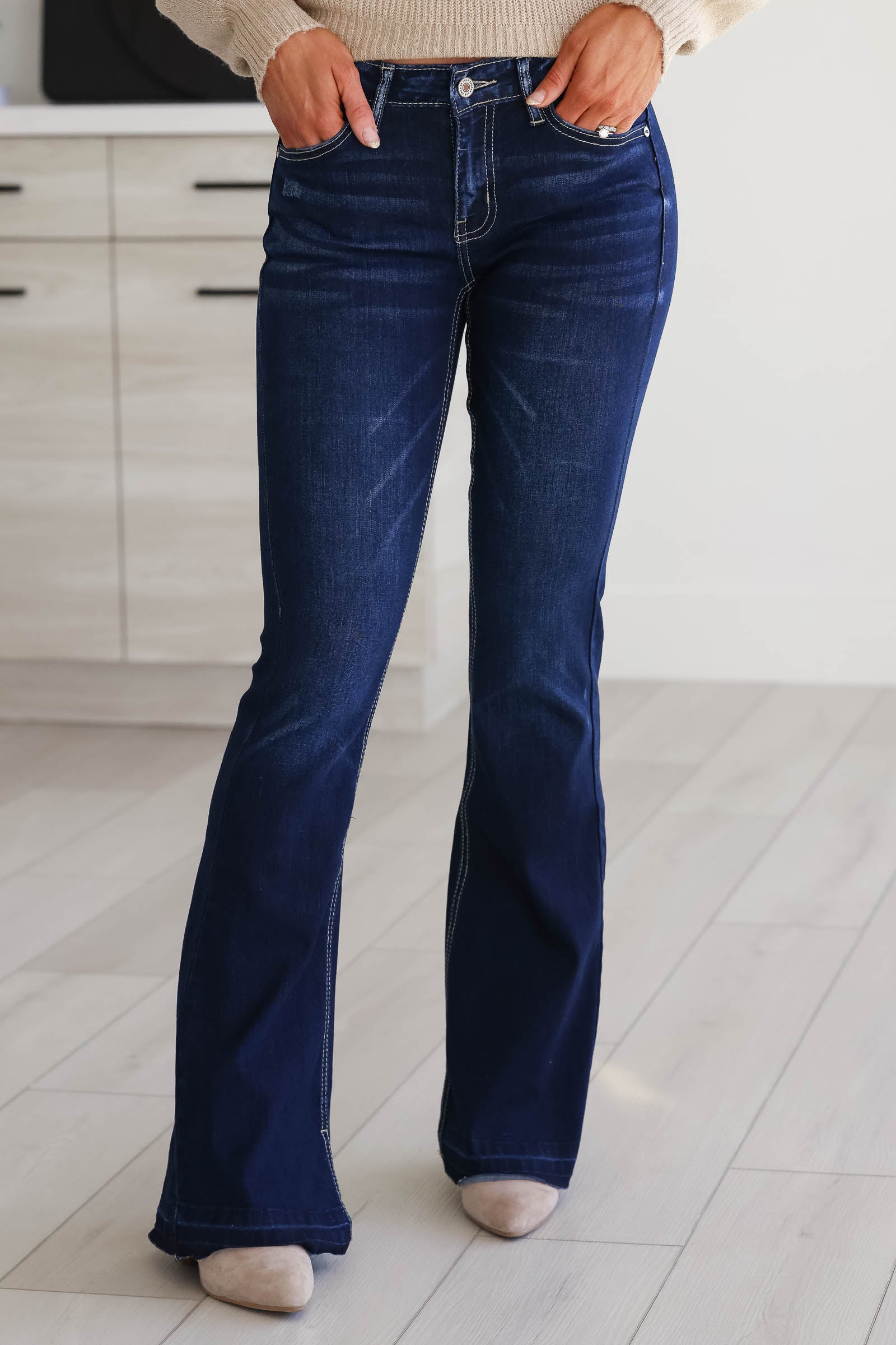 KANCAN Heidi Mid Rise Flare Jeans - Dark Wash, Closet Candy, 1