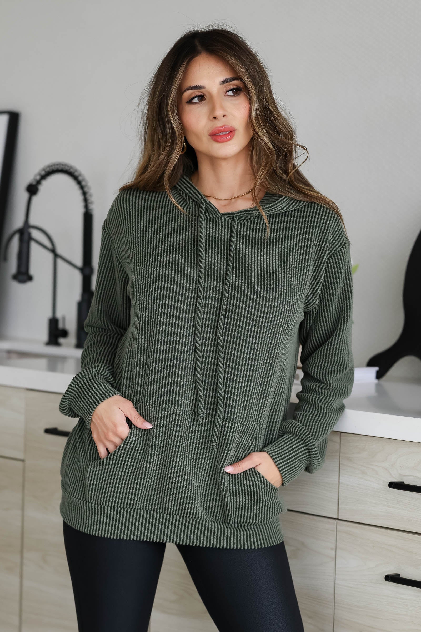Too Good Ribbed Hoodie - Olive, Closet Candy, 1