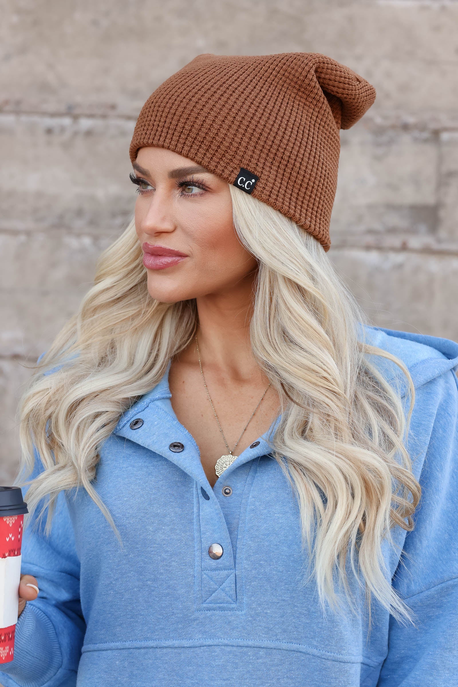 Have It Both Ways CC Waffle Knit Beanie - Brown, Closet Candy, 1
