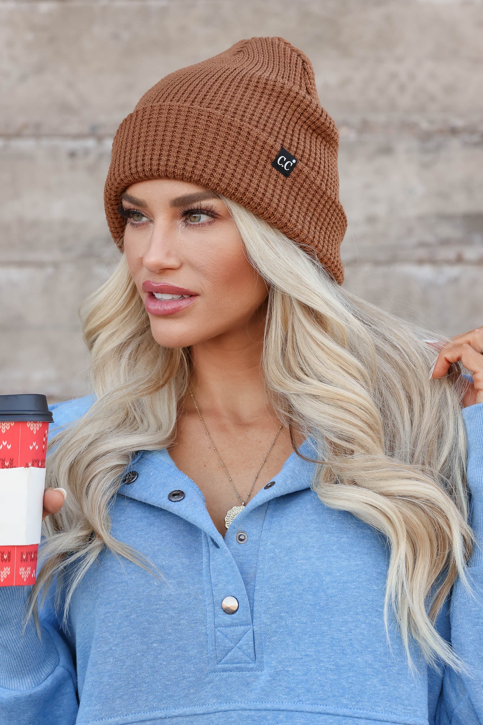 Have It Both Ways CC Waffle Knit Beanie - Brown, Closet Candy, 1