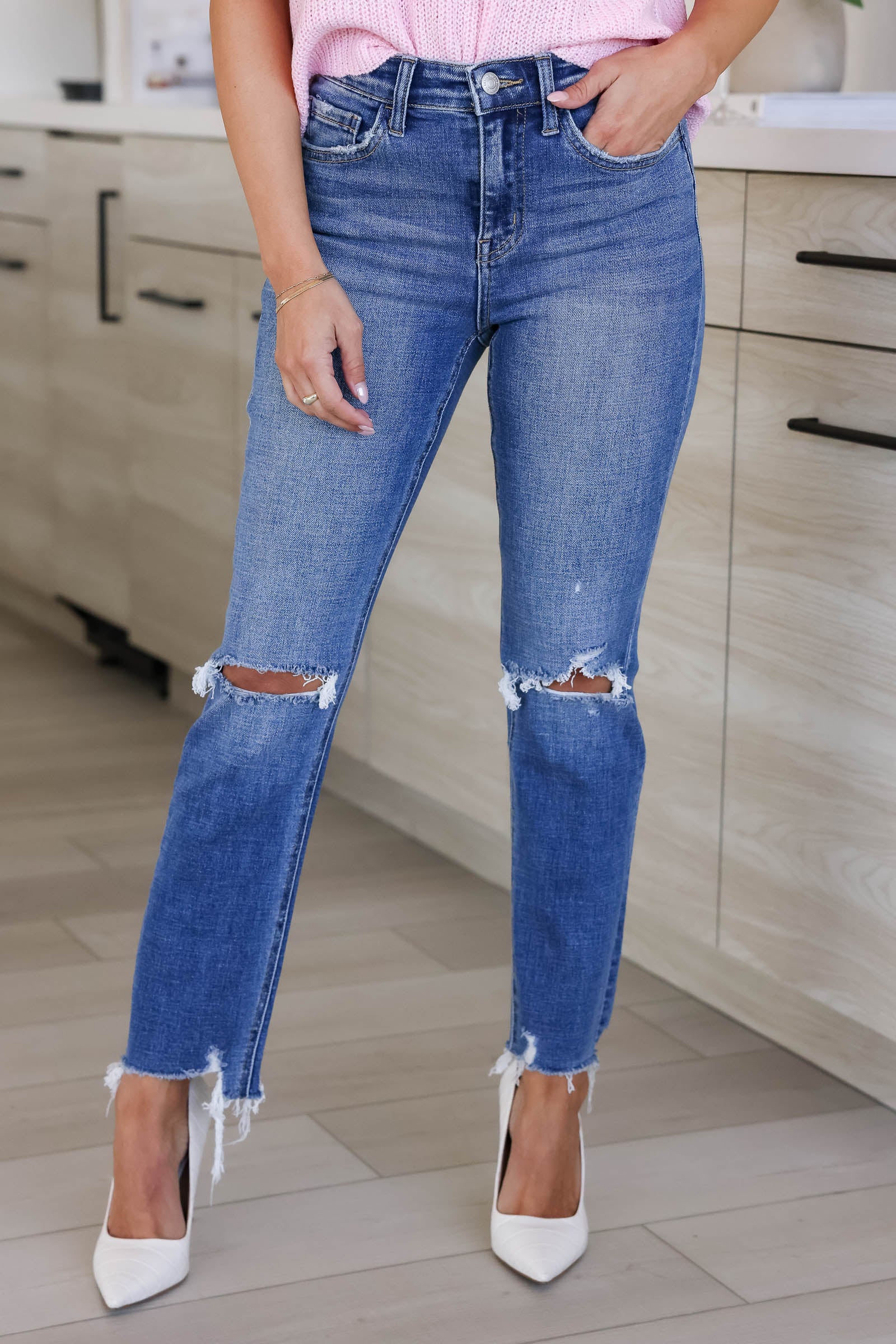 FLYING MONKEY Irina Distressed Hem Slim Straight Jeans, Closet Candy 1
