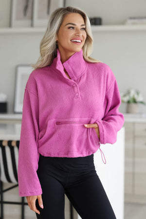 Possibilities Pocket Detail Boxy Fleece Pullover - Pink, Closet Candy 3
