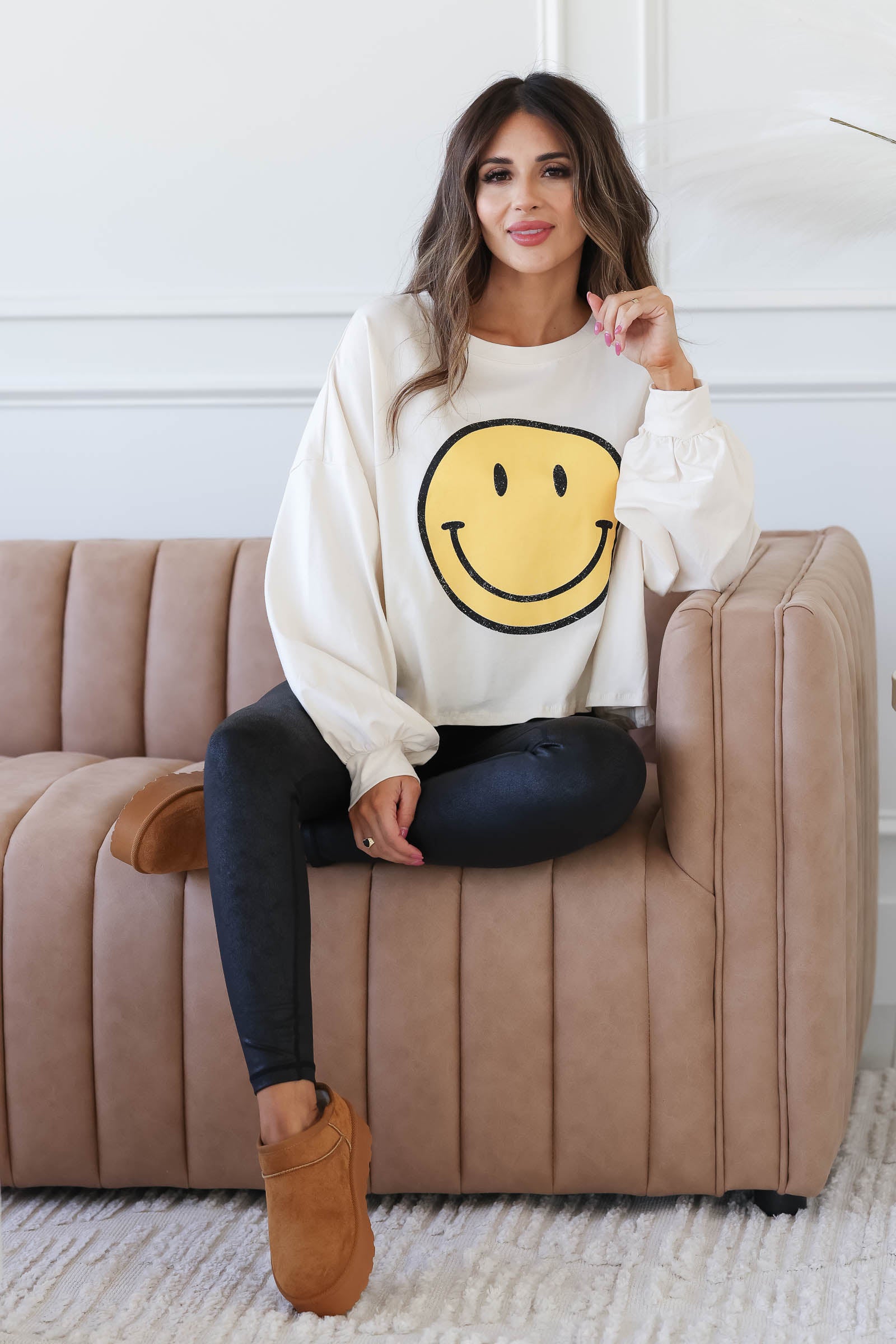 Find Your Reason Smiley Face Bishop Sleeve Graphic Top, Closet Candy, 1