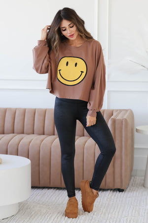 Find Your Reason Smiley Face Bishop Sleeve Graphic Top, Closet Candy, 6