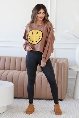 Find Your Reason Smiley Face Bishop Sleeve Graphic Top, Closet Candy, 10
