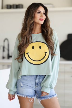 Find Your Reason Smiley Face Bishop Sleeve Graphic Top, Closet Candy, 9