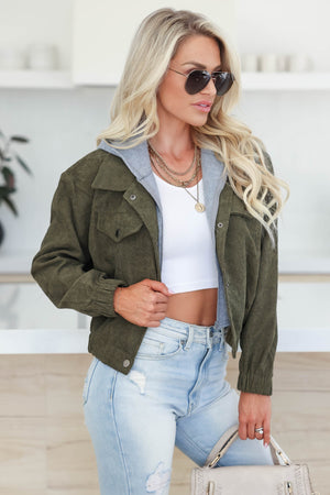 Departures Corduroy Contrast Hooded Jacket - Olive, Closet Candy, 1