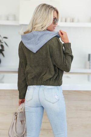 Departures Corduroy Contrast Hooded Jacket - Olive, Closet Candy, 3