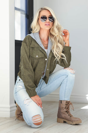 Departures Corduroy Contrast Hooded Jacket - Olive, Closet Candy, 2