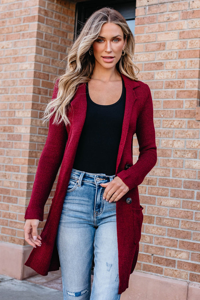 Dark red cardigan outfits sale
