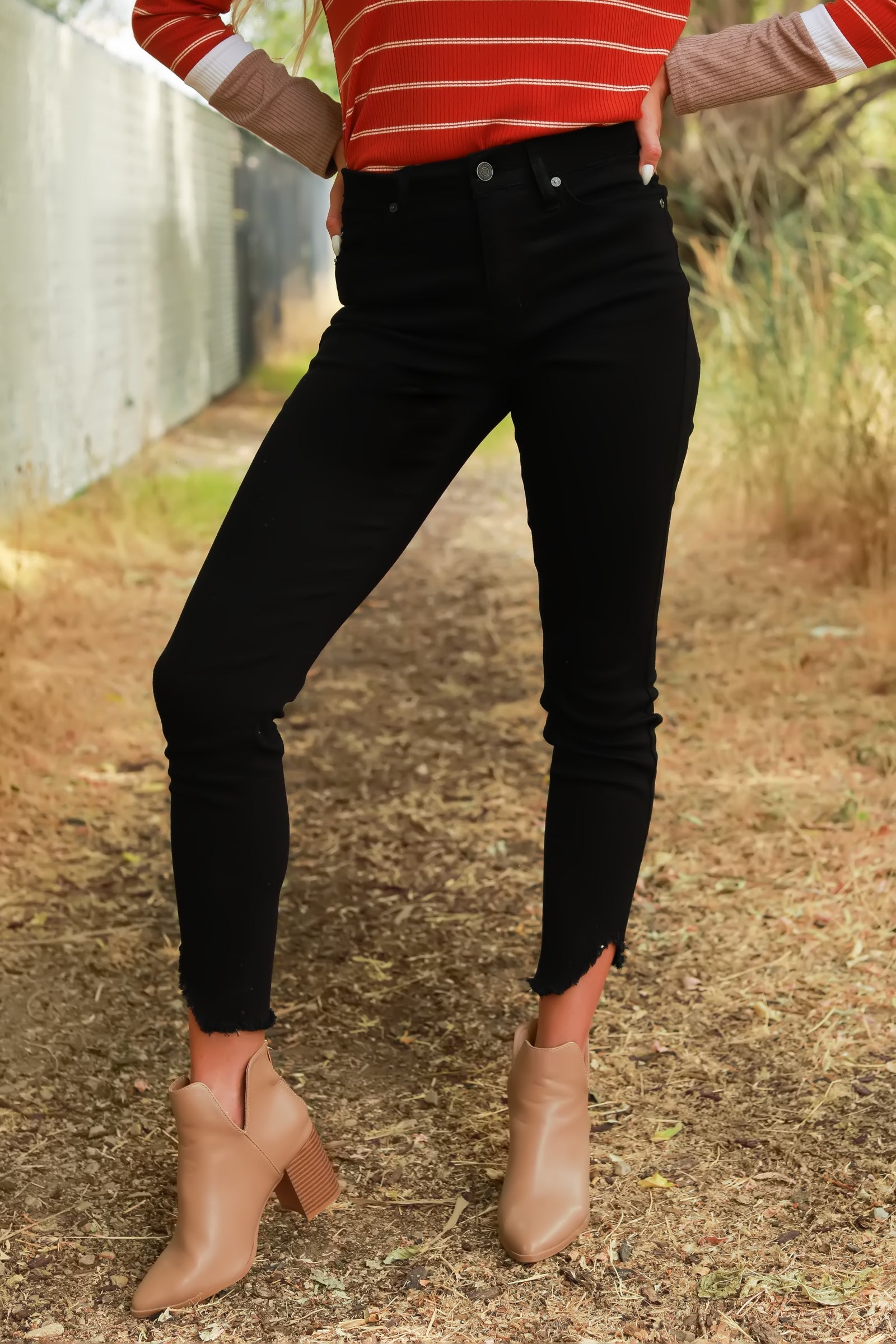KANCAN High Rise Midnight Fray Skinnies, Black, Closet Candy, 1