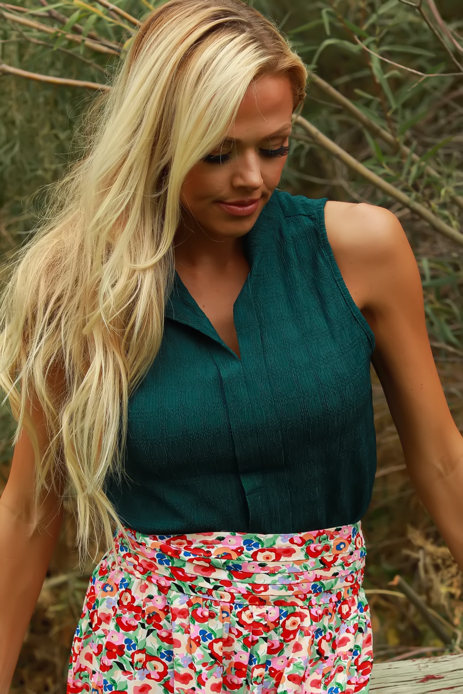 Matter of Fact Pleat Front Sleeveless Blouse in Sea Green