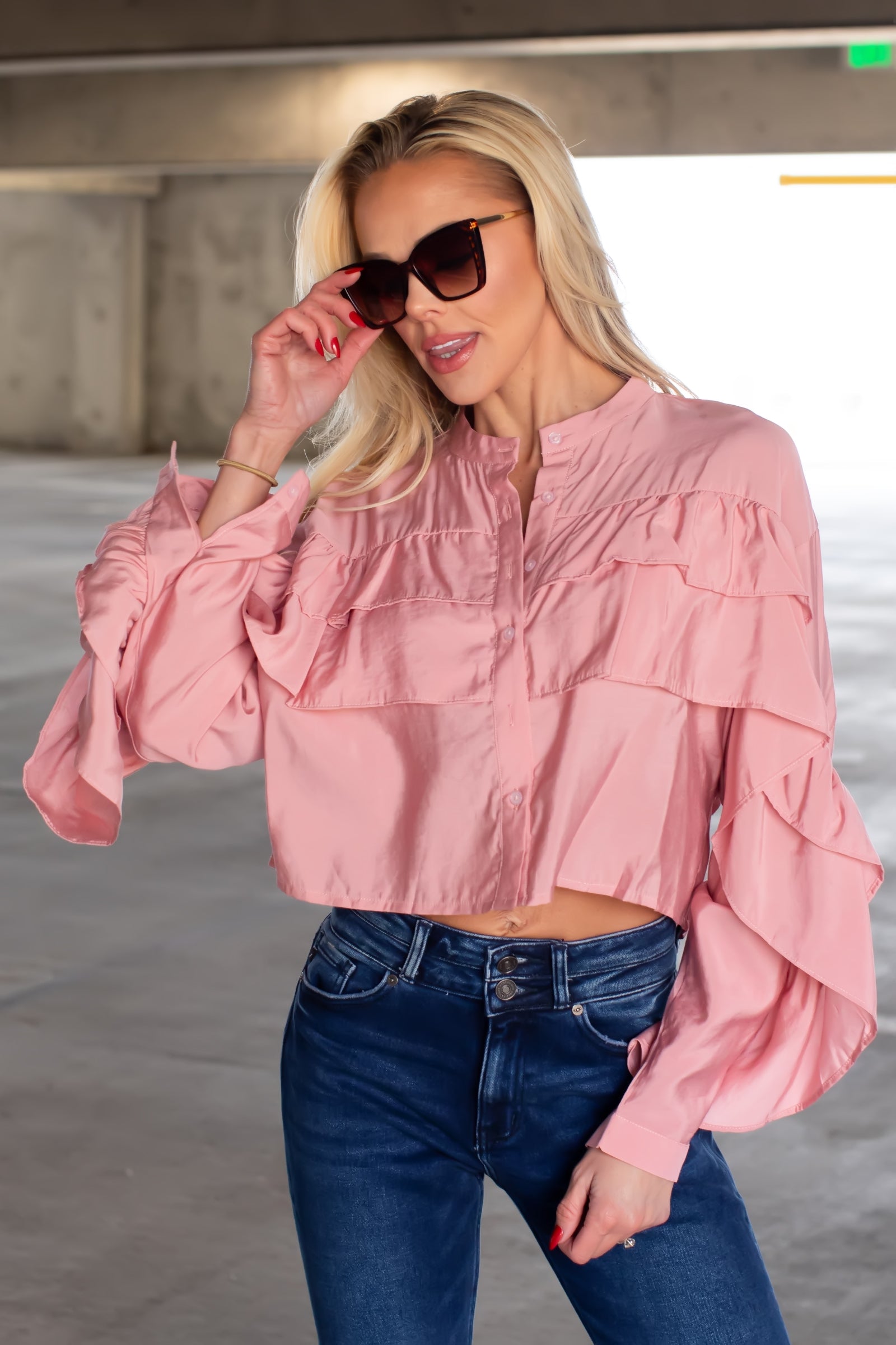 Don't Bother Looking Down Ruffle Blouse - Pink, Closet Candy, 1