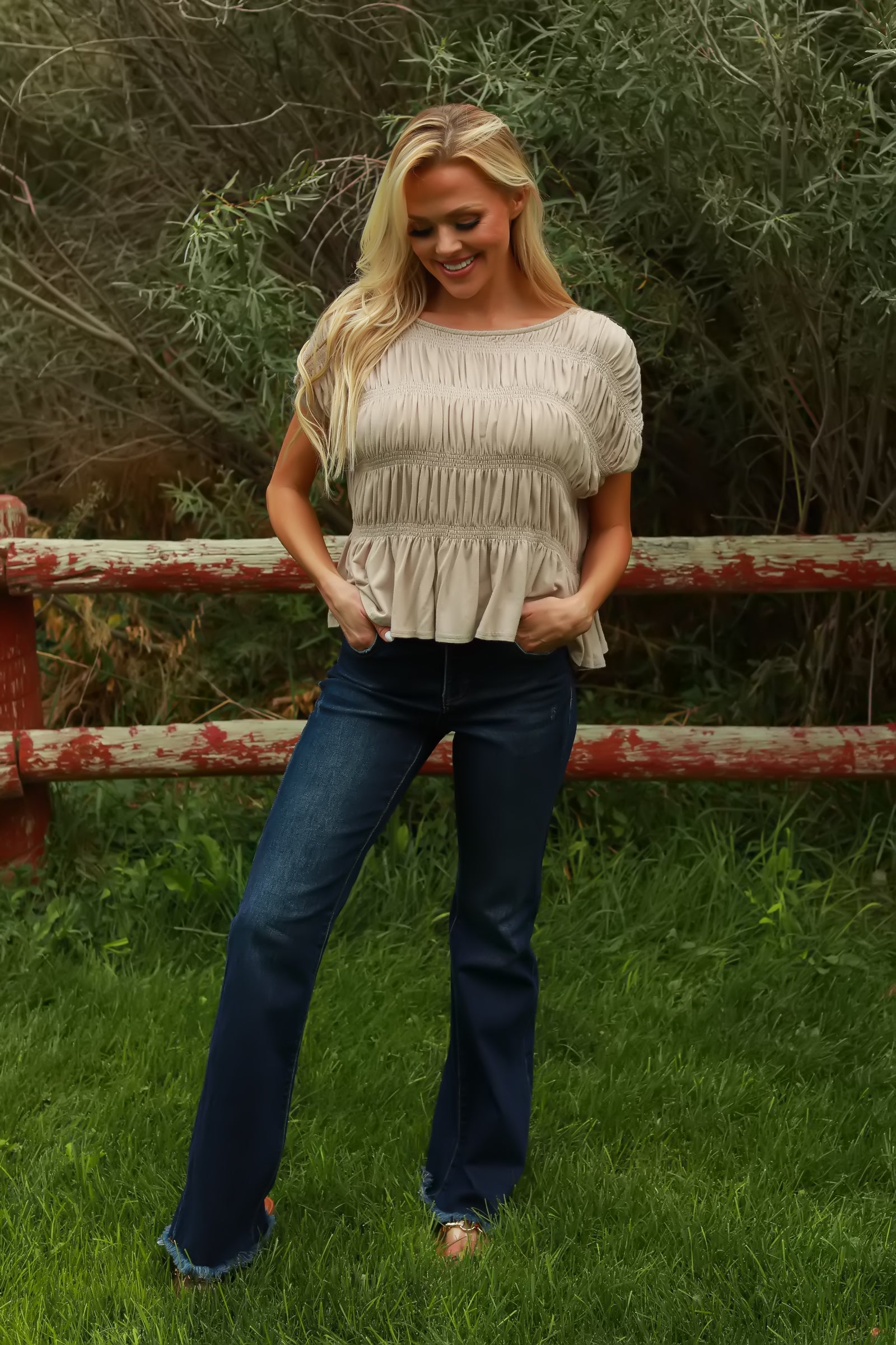Driftwood Smocked Top, Latte, Closet Candy, 1
