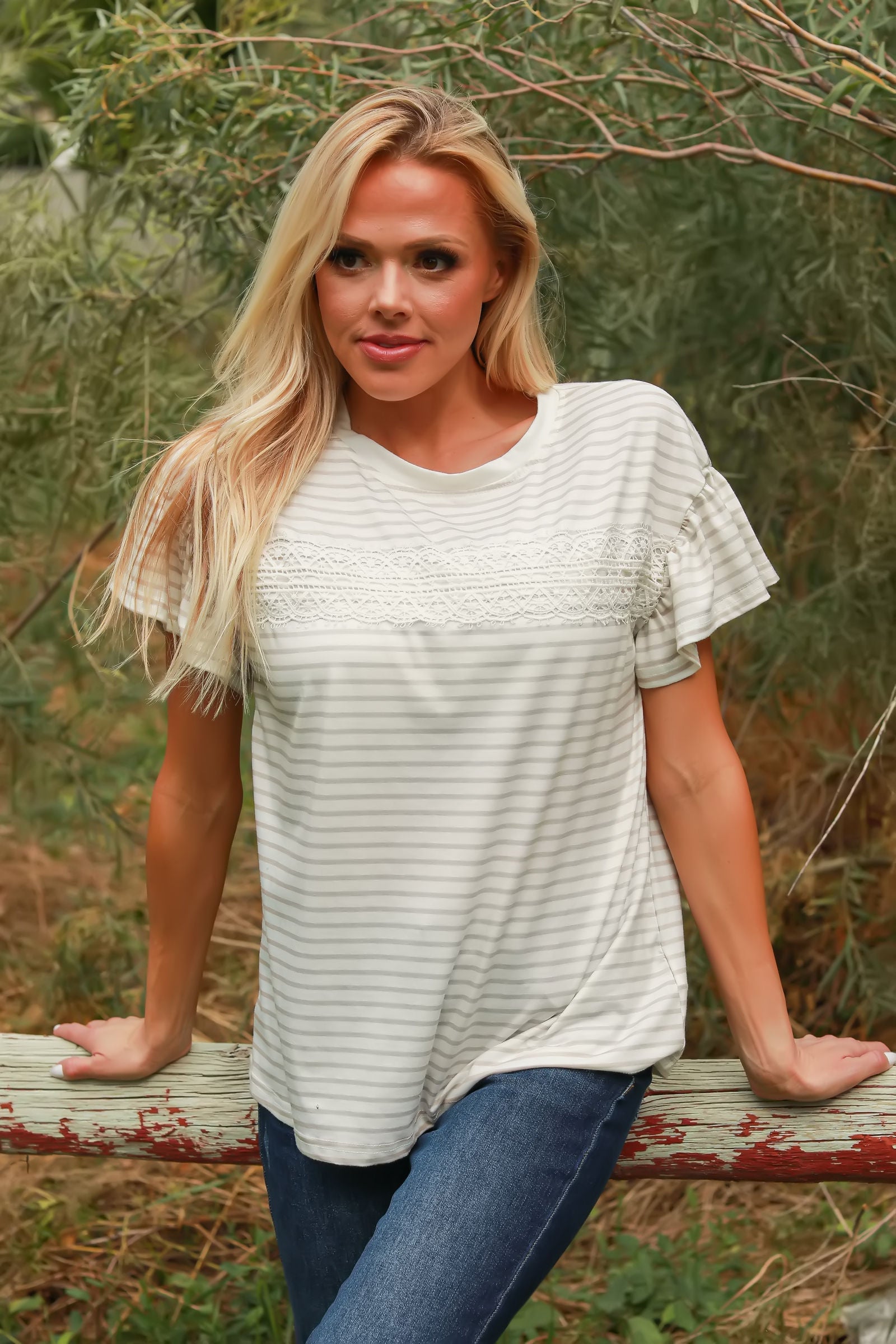 Hand to Hold Lace Detail Striped Top, Closet Candy, 1