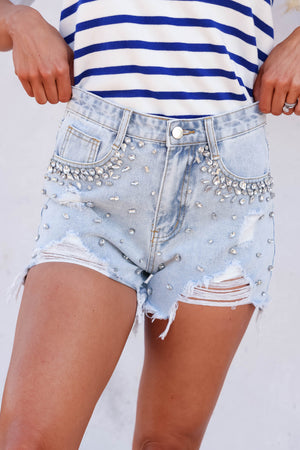 Let s Go Girls Rhinestone Denim Shorts Light Wash Closet Candy Boutique