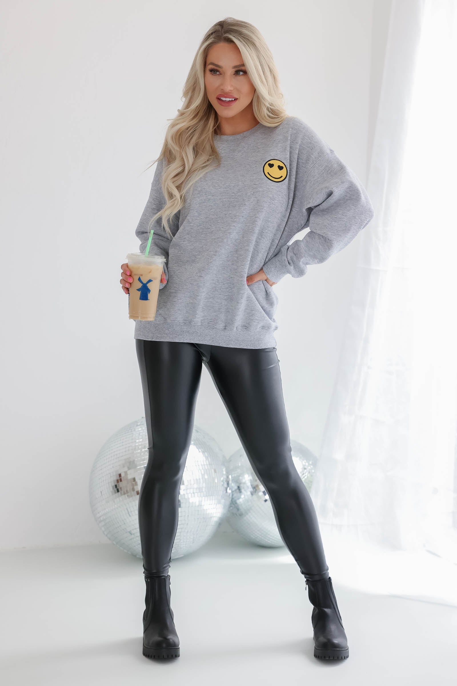 Heart Eyes Smiley Embroidered Sweatshirt - Heather Grey closet candy 1