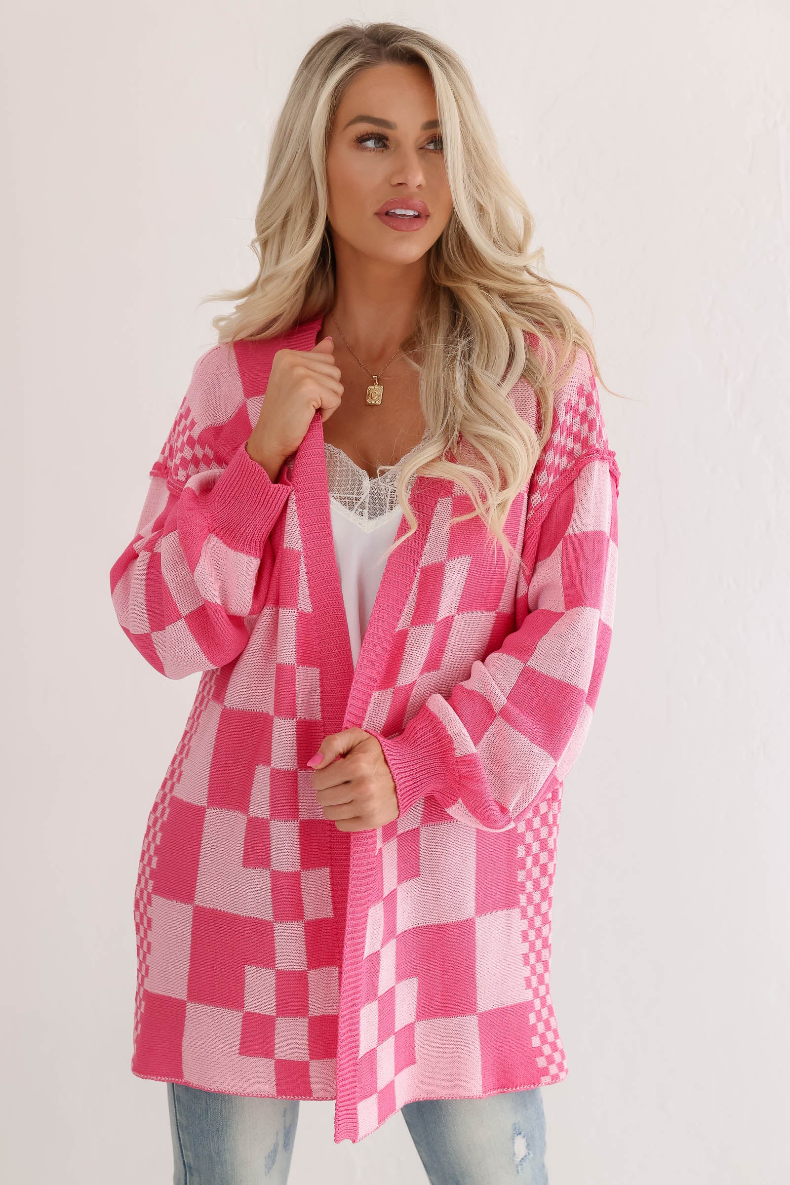 Checked Out Cardigan - Pink, Closet Candy, 1