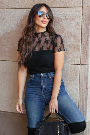 Relentless Mock Neck Sheer Lace Top -  Black, Closet Candy, 1