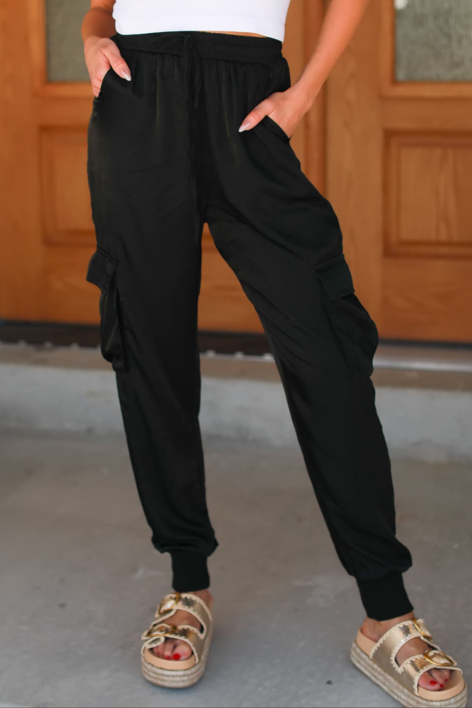 More Than Style Satin Cargo Pants, Black, Closet Candy, 1