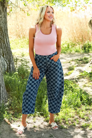 Dynamic Checkered Barrel Fit Jeans - Denim Blue, Closet Candy, 6