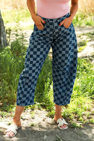 Dynamic Checkered Barrel Fit Jeans - Denim Blue, Closet Candy, 1