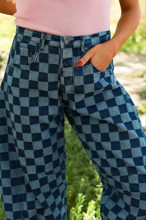 Dynamic Checkered Barrel Fit Jeans - Denim Blue, Closet Candy, 2
