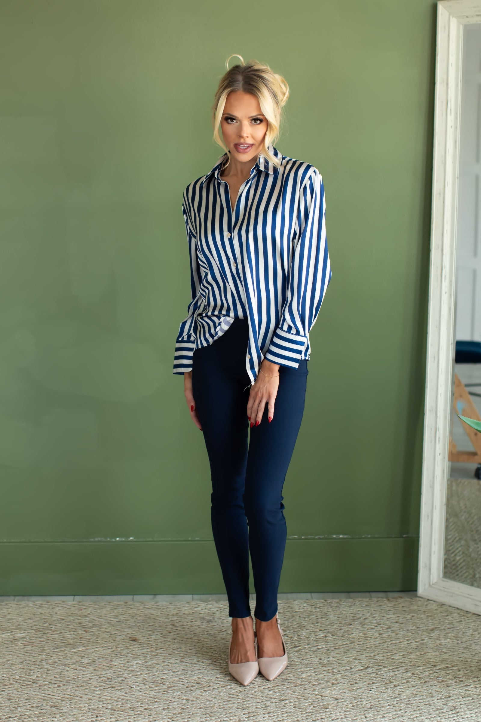 I Bet Ya Satin Blouse - Blue Stripe, Closet Candy, 1