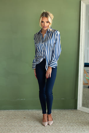 I Bet Ya Satin Blouse - Blue Stripe, Closet Candy, 2