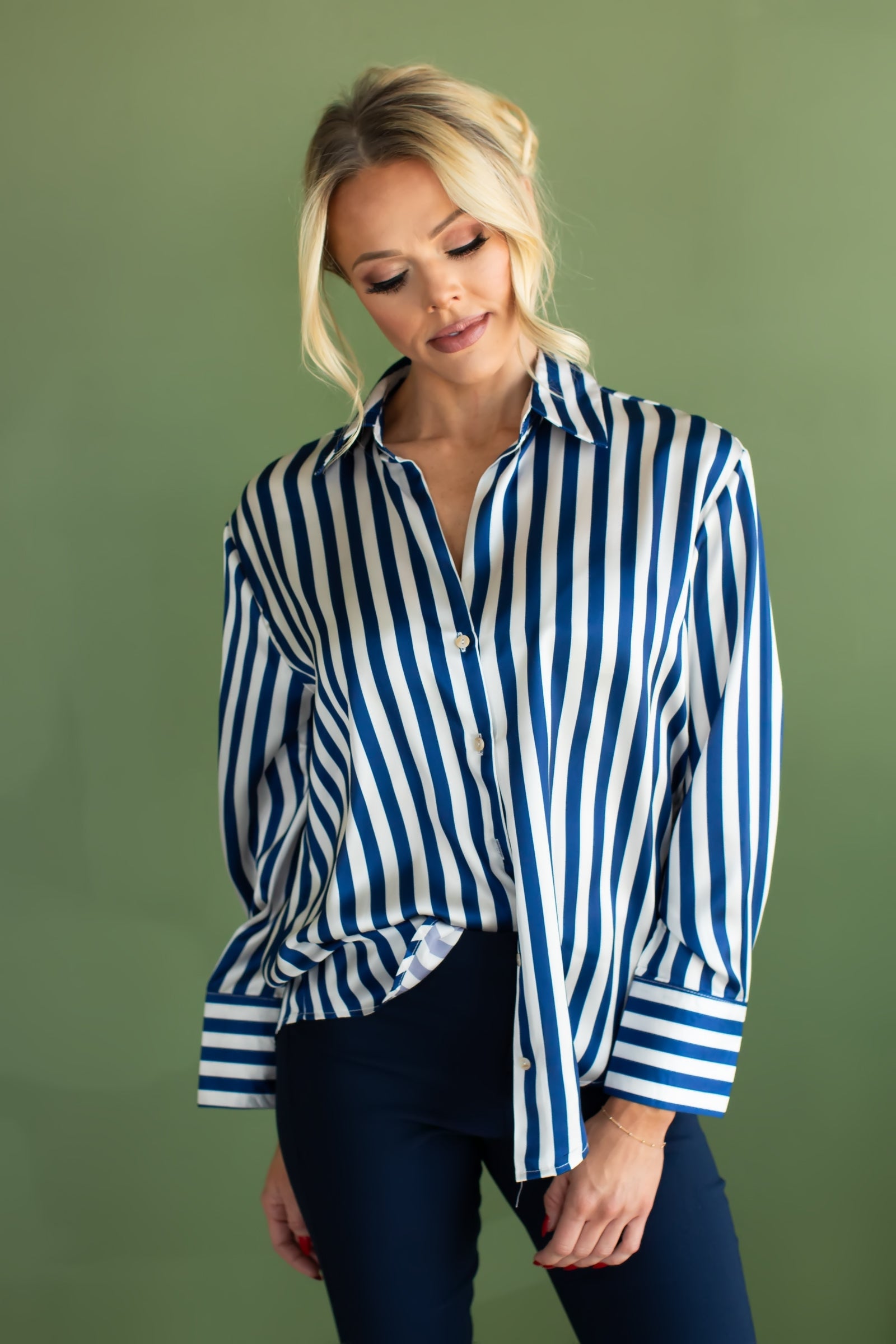 I Bet Ya Satin Blouse - Blue Stripe, Closet Candy, 1