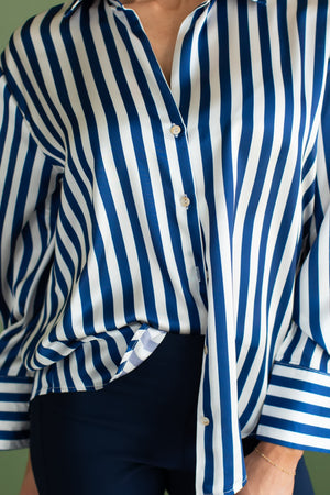 I Bet Ya Satin Blouse - Blue Stripe, Closet Candy, 3