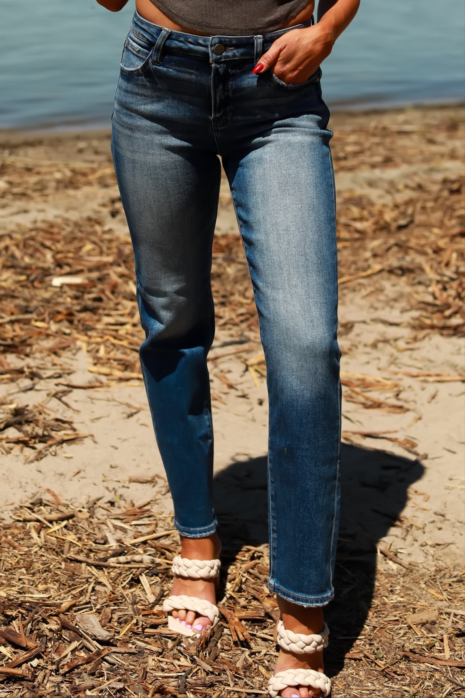 RISEN Clara Mid Rise Blue Tapered Jeans - Dark Wash, Closet Candy, 1