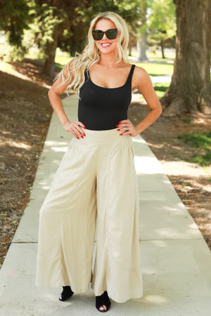 RISEN Caia Shirred Wide leg Pants - Tan, Closet Candy, 4