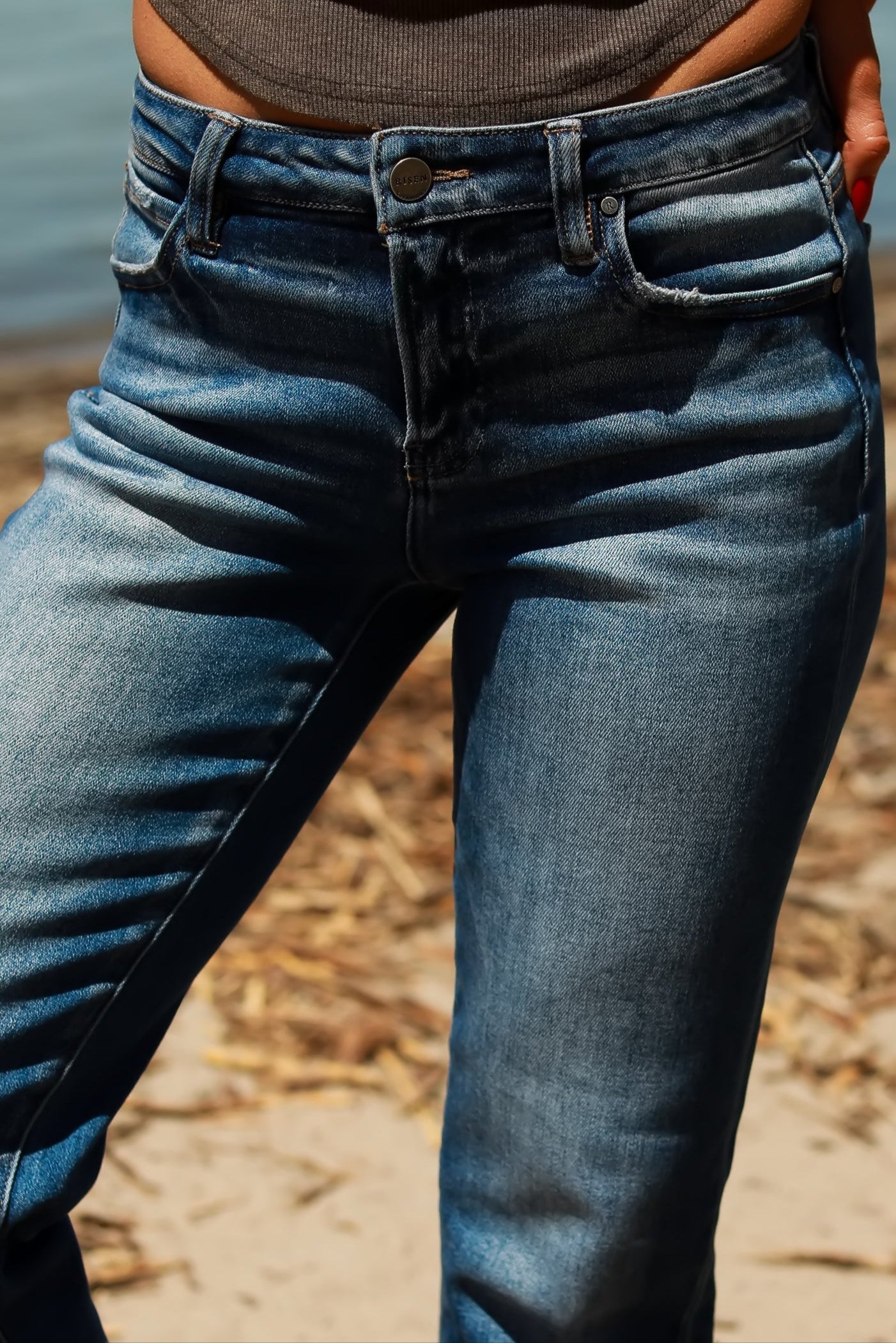 RISEN Clara Mid Rise Blue Tapered Jeans - Dark Wash, Closet Candy, 1