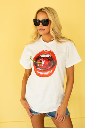 Disco Cherry Lips Graphic Heavy Cotton Tee - White, Closet Candy, 1